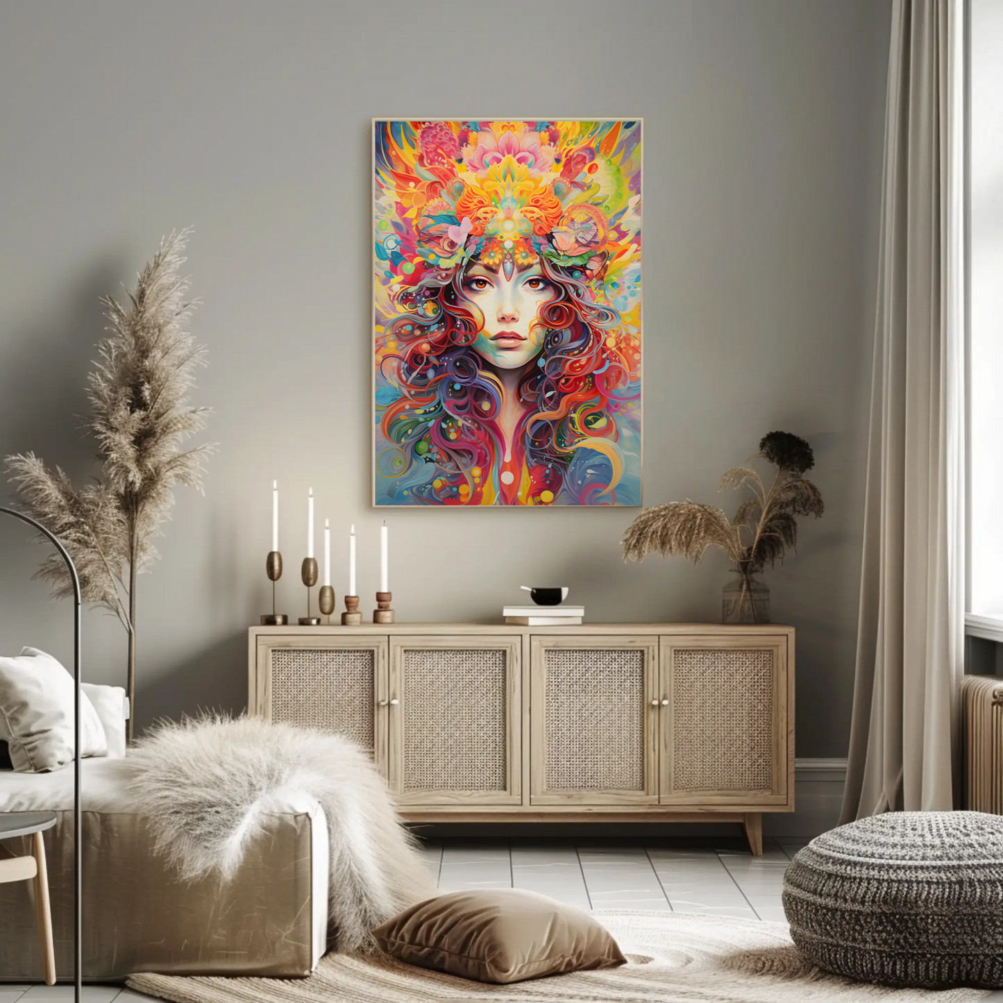 Psychedelic Woman Portrait Color Explosion Floral Surreal Travel Poster