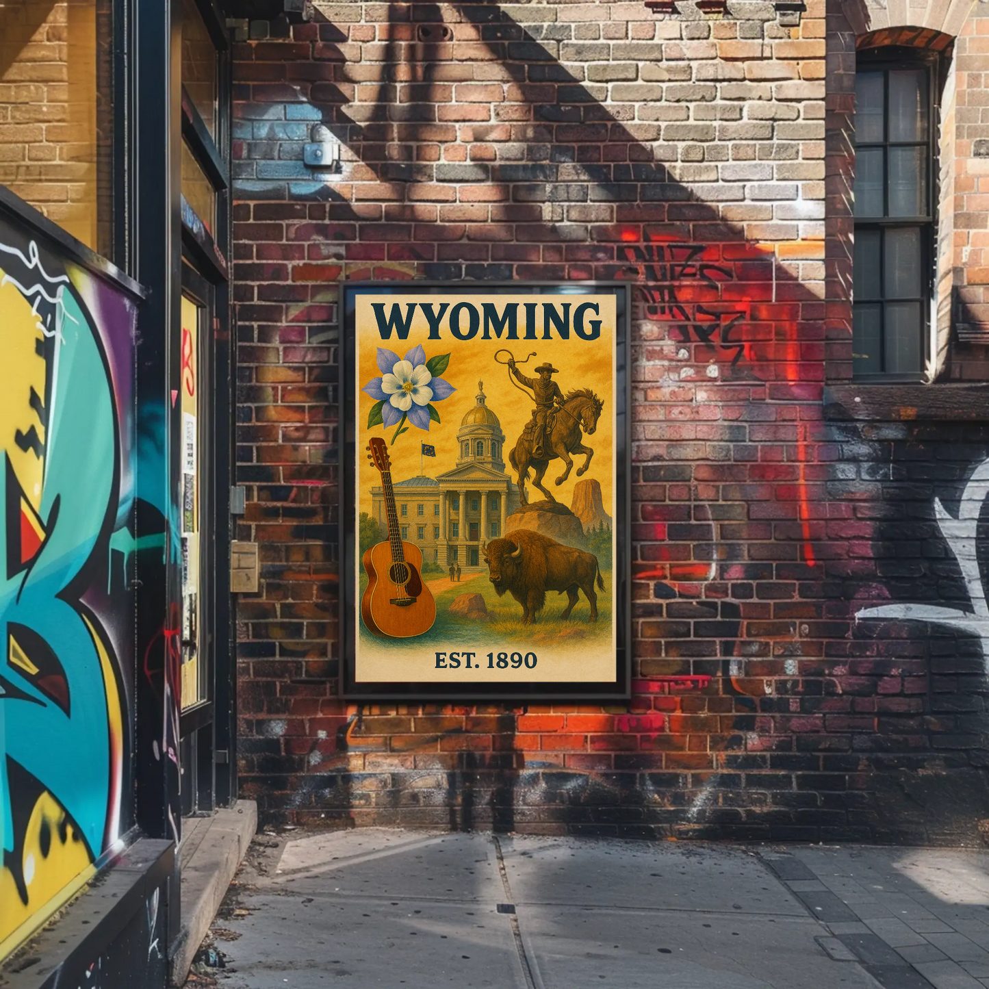 Wyoming Capitol Rodeo Guitar Bison Flower Vintage Travel Poster