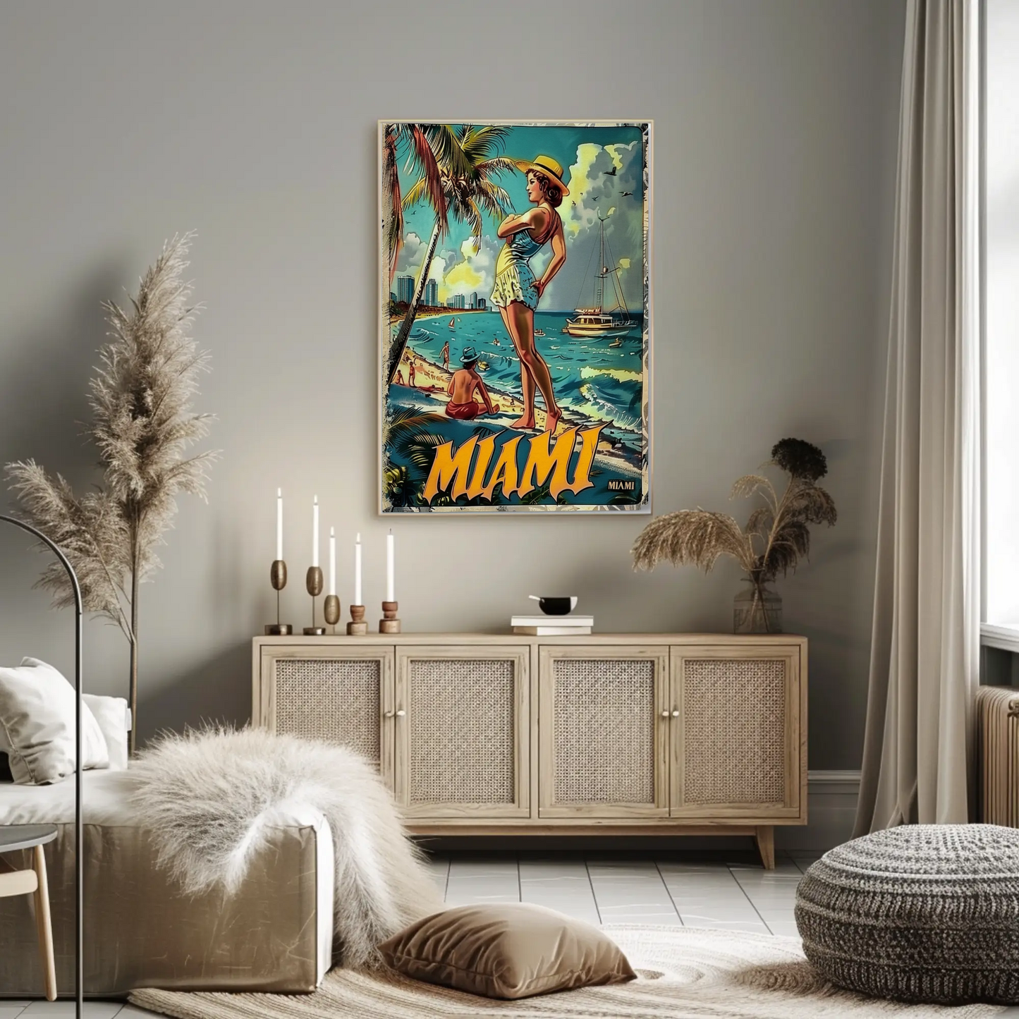 Miami Vintage Beach Scene Palm Trees Skyline Travel Poster