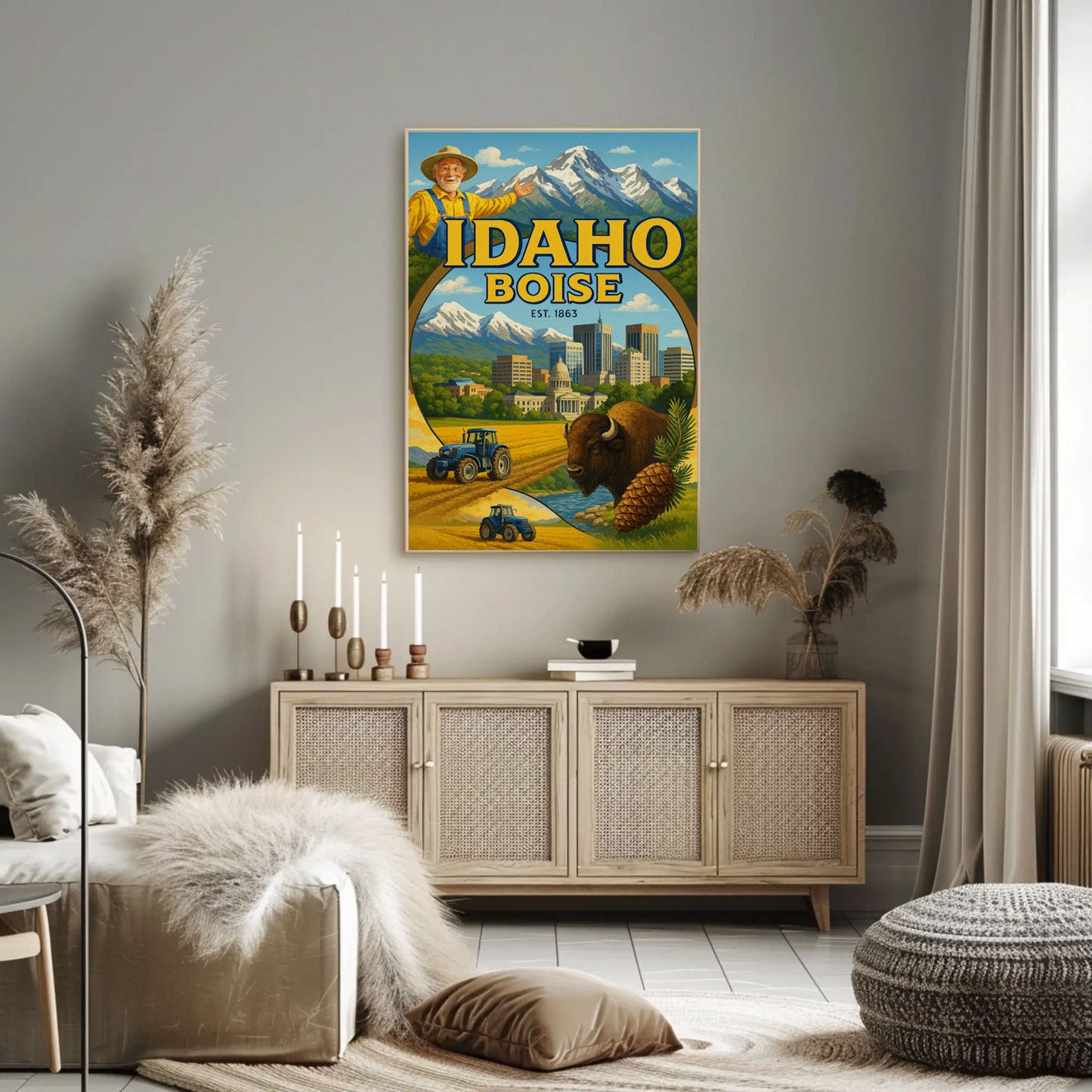 Boise Idaho Cityscape Buffalo Mountain Farm Travel Poster