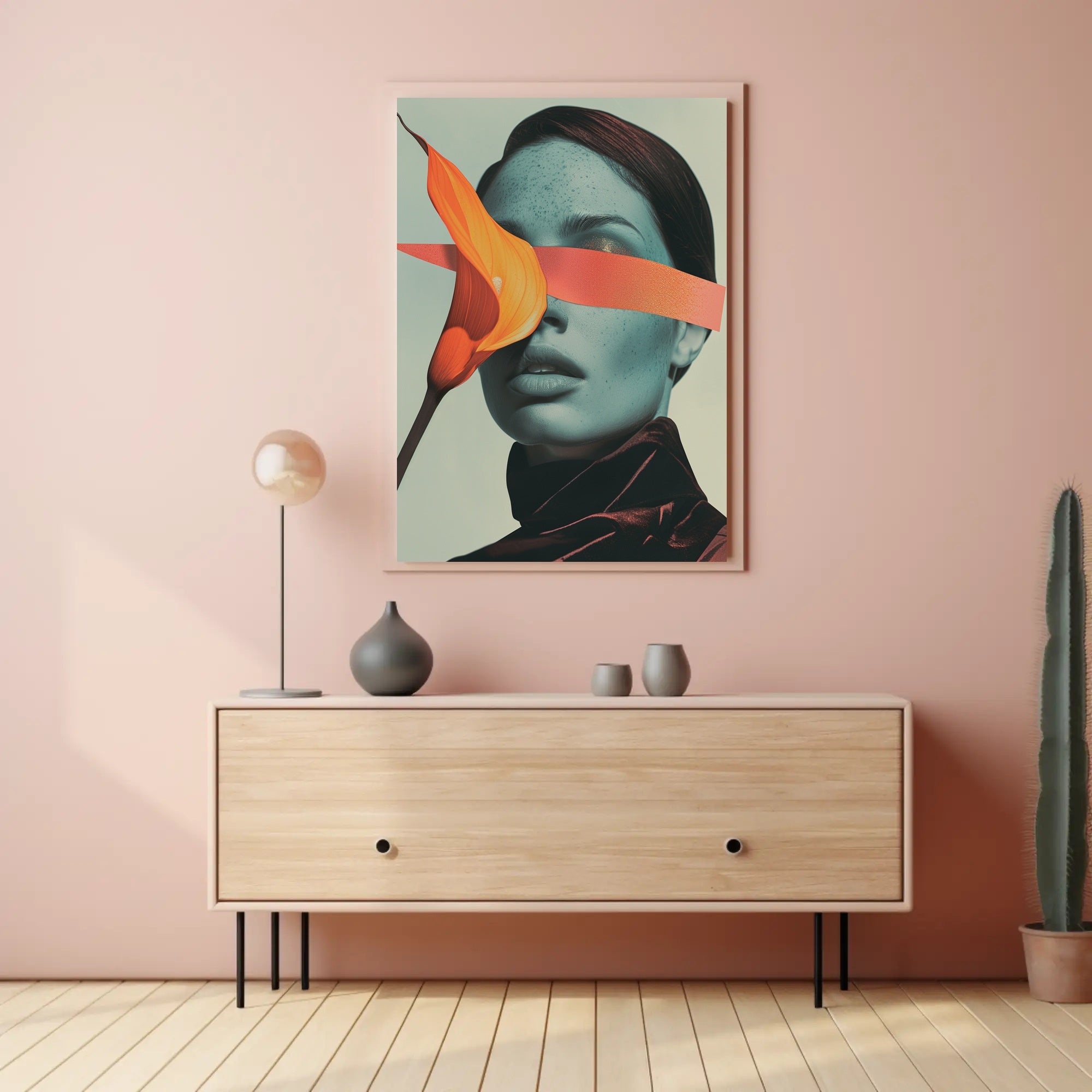 Surreal Blue Portrait with Orange Calla Lily Art Poster PosterGoat