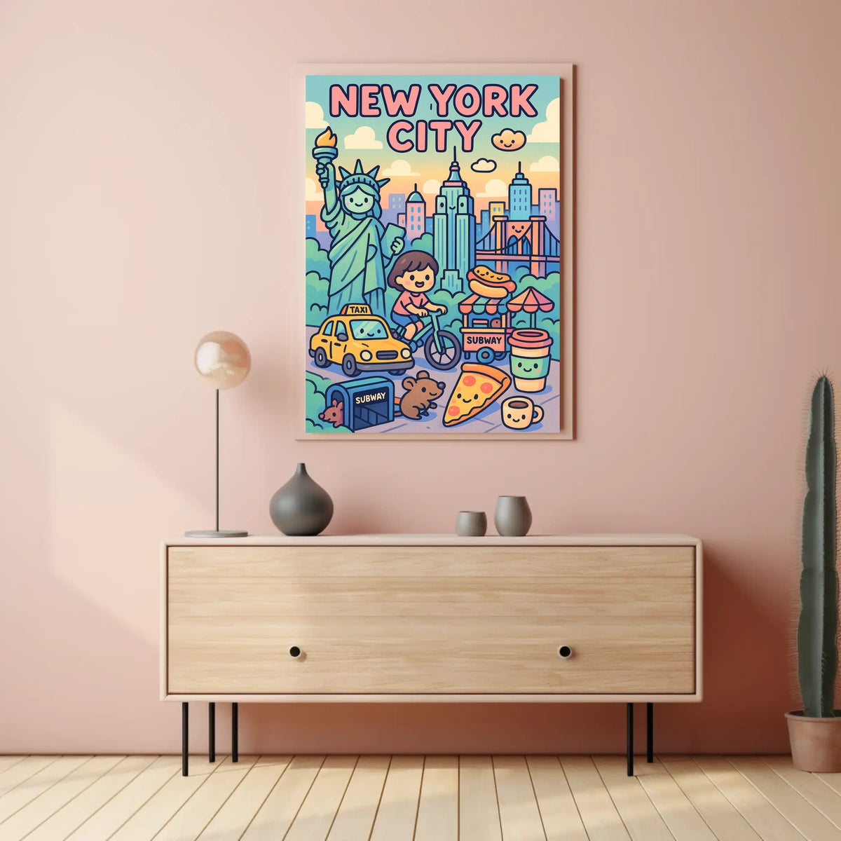 New York City Whimsical Cartoon Poster Modern Wall Art