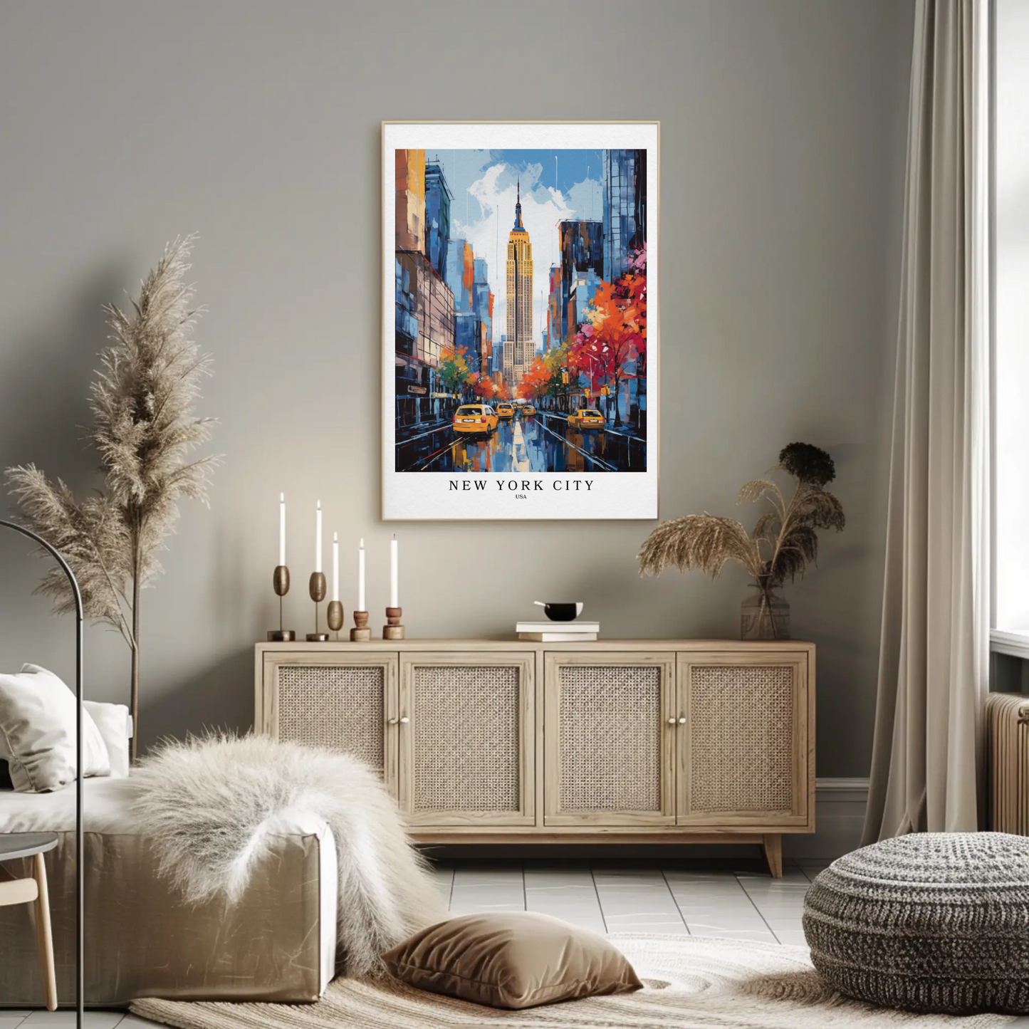New York City Fall Taxis Empire State Building Travel Poster