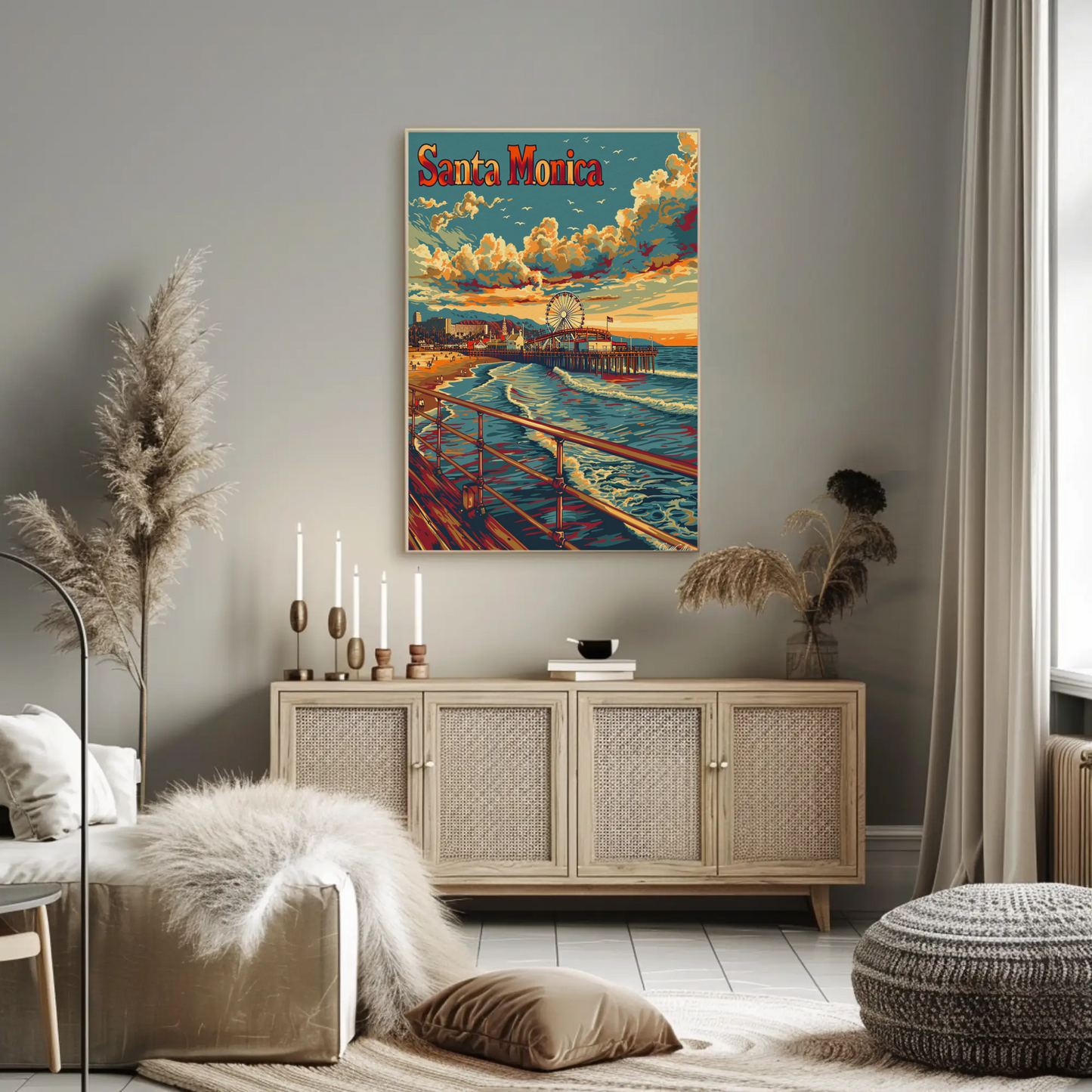Santa Monica Sunset Pier and Surf Travel Poster