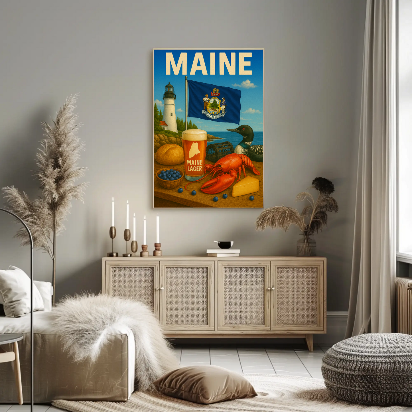 Maine Lobster Lighthouse Blueberry Beer Nature Travel Poster