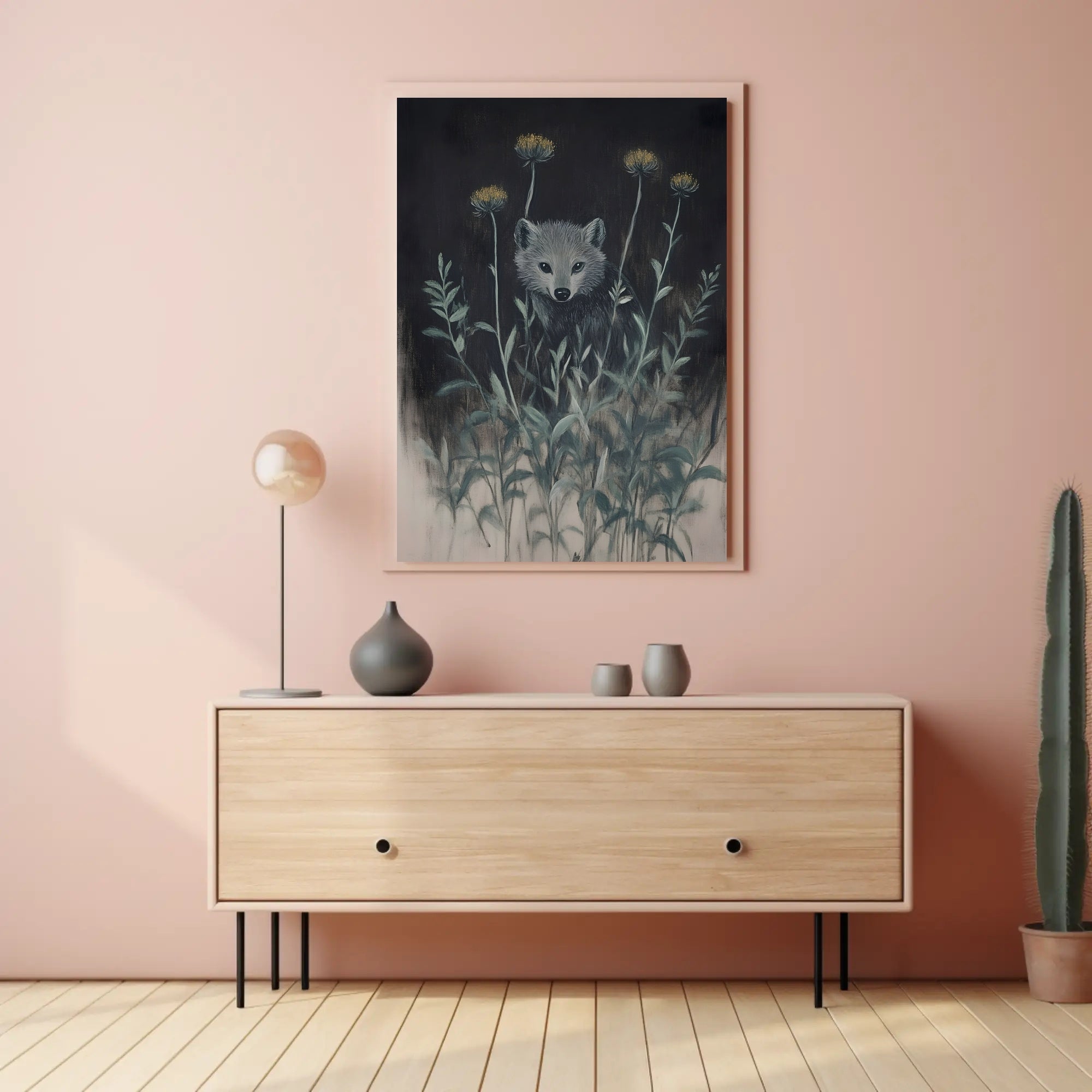 Mystical Abstract Wolf Amidst Wildflowers Artistic Poster PosterGoat