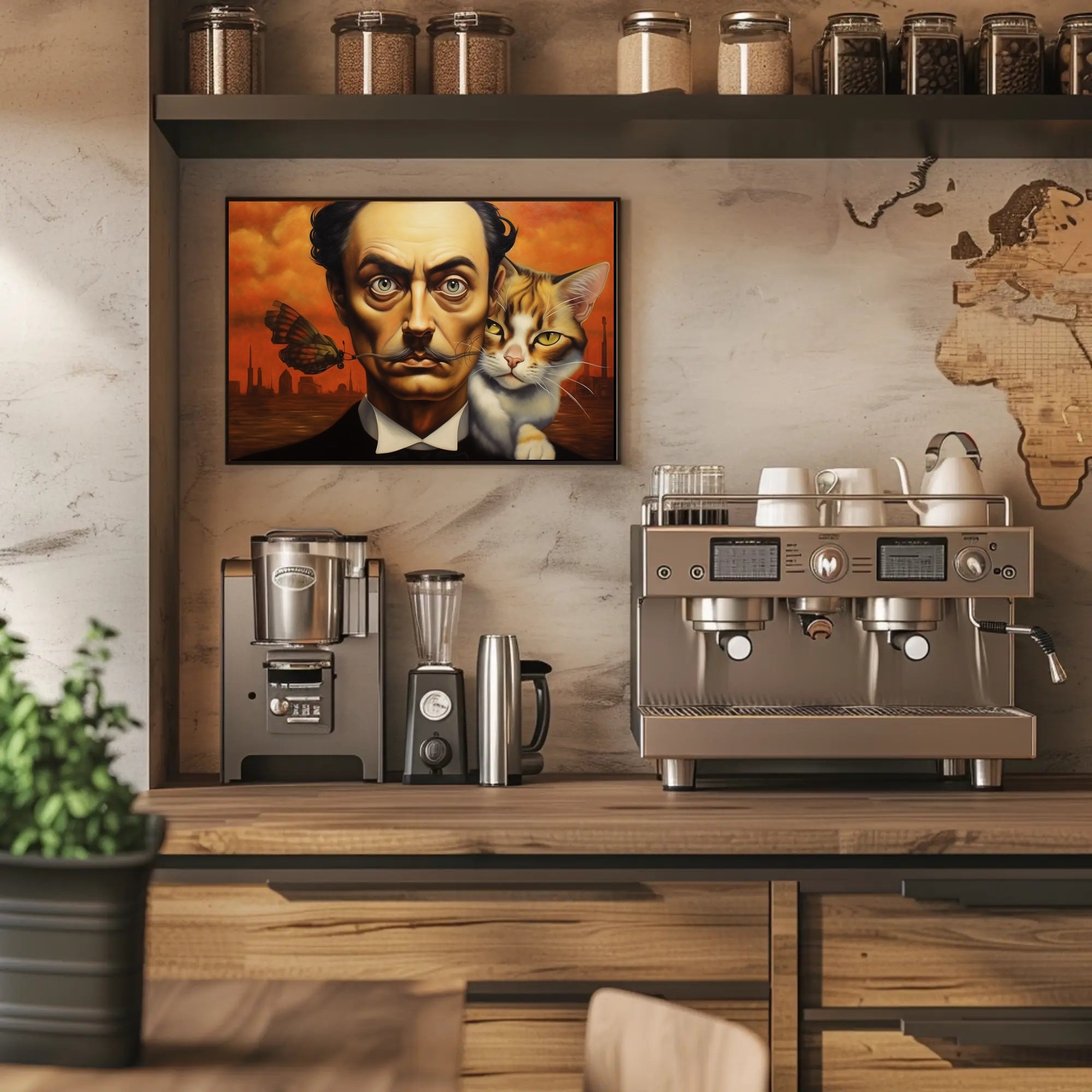 Surreal Urban Portrait with Man and Cat – Artistic Poster