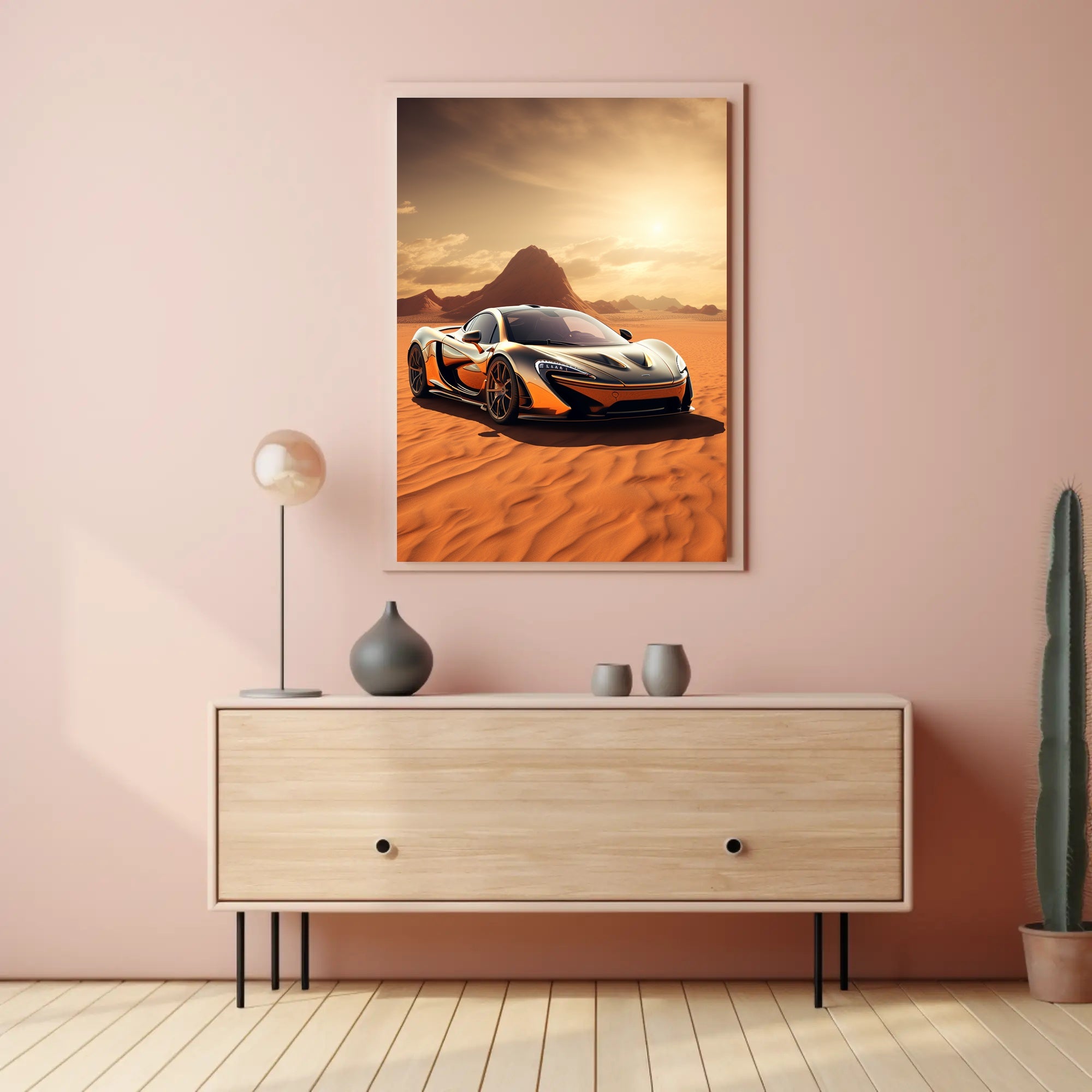 Sleek Supercar in the Desert Poster PosterGoat