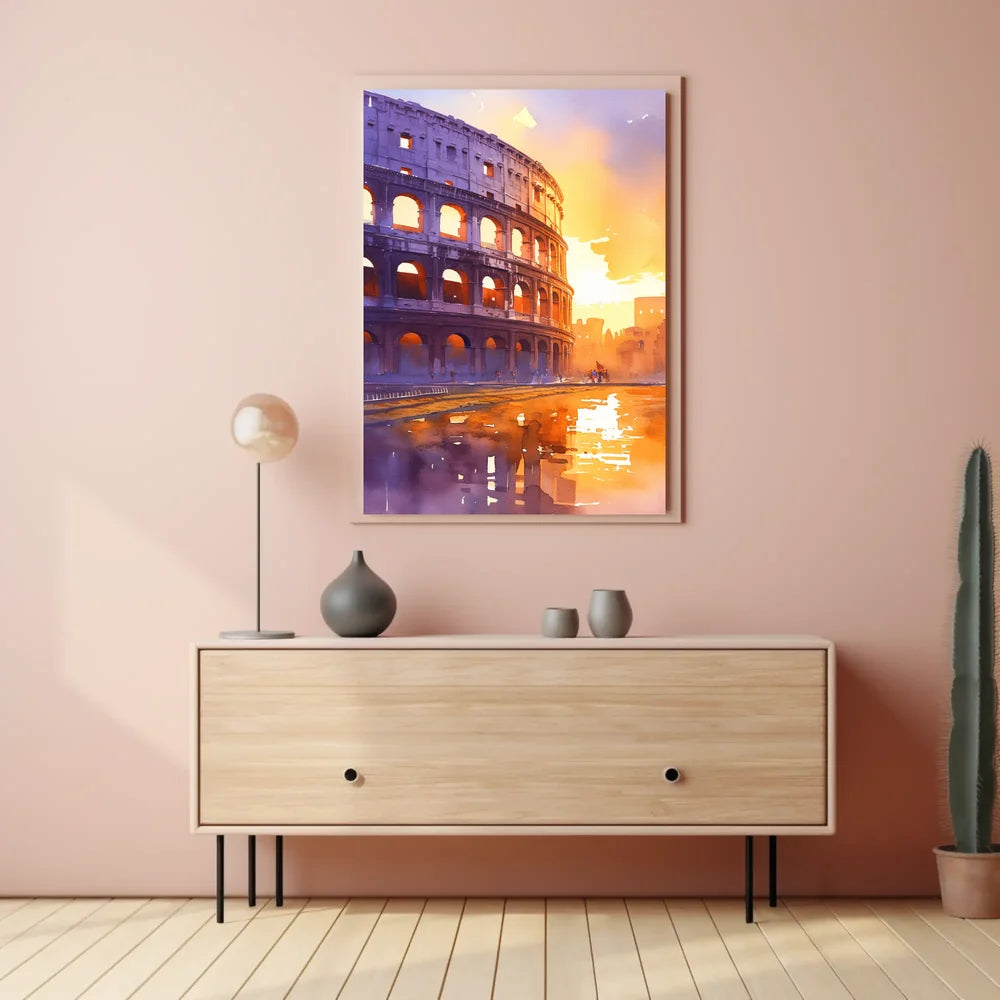 Colosseum Watercolor Sunset Rome Art Poster
