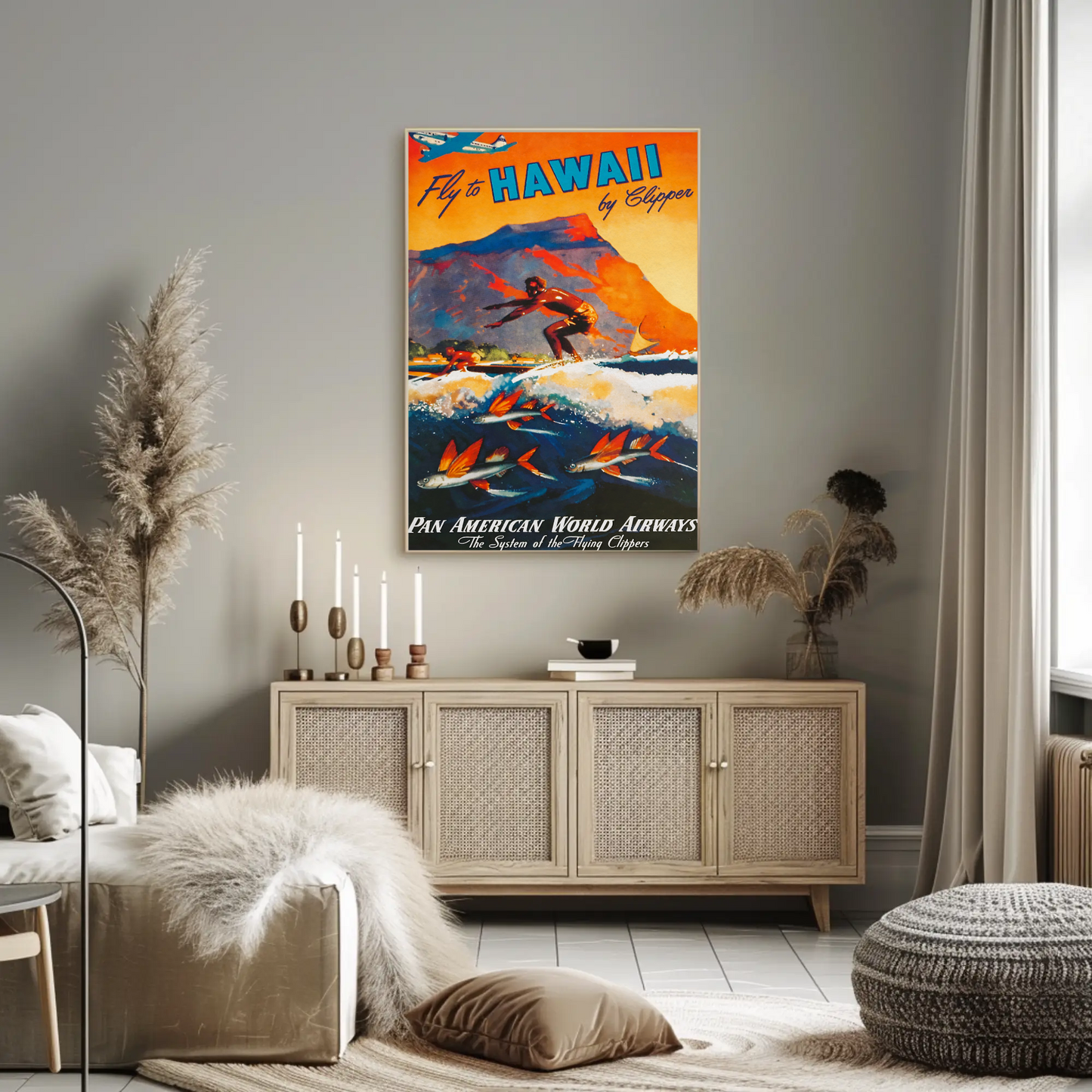 Fly To Hawaii Clipper Surfer Vintage Travel Poster