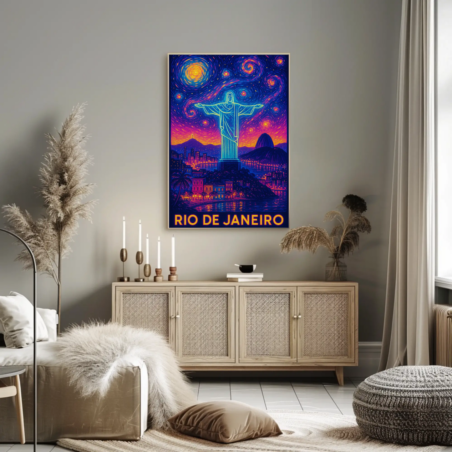 Rio De Janeiro Christ Neon Night Sky Travel Poster