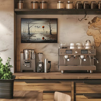 Surreal Landscape with Balloons and Figure Artistic Poster