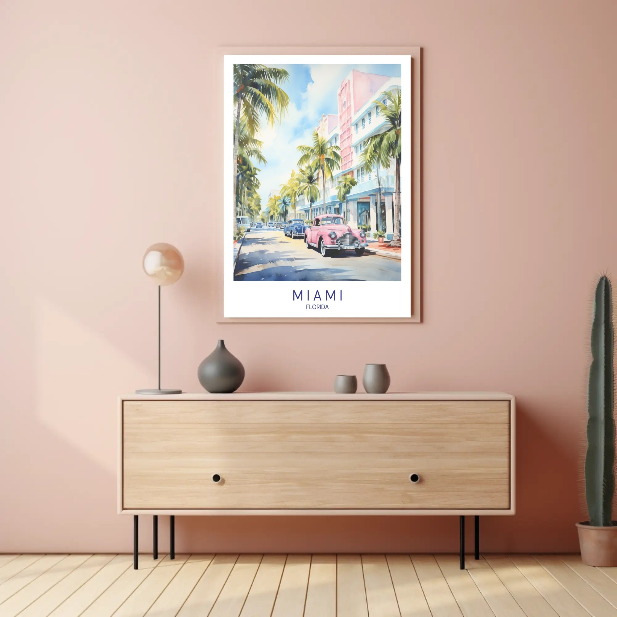 Miami Vintage Cars Street Scene Travel Poster PosterGoat