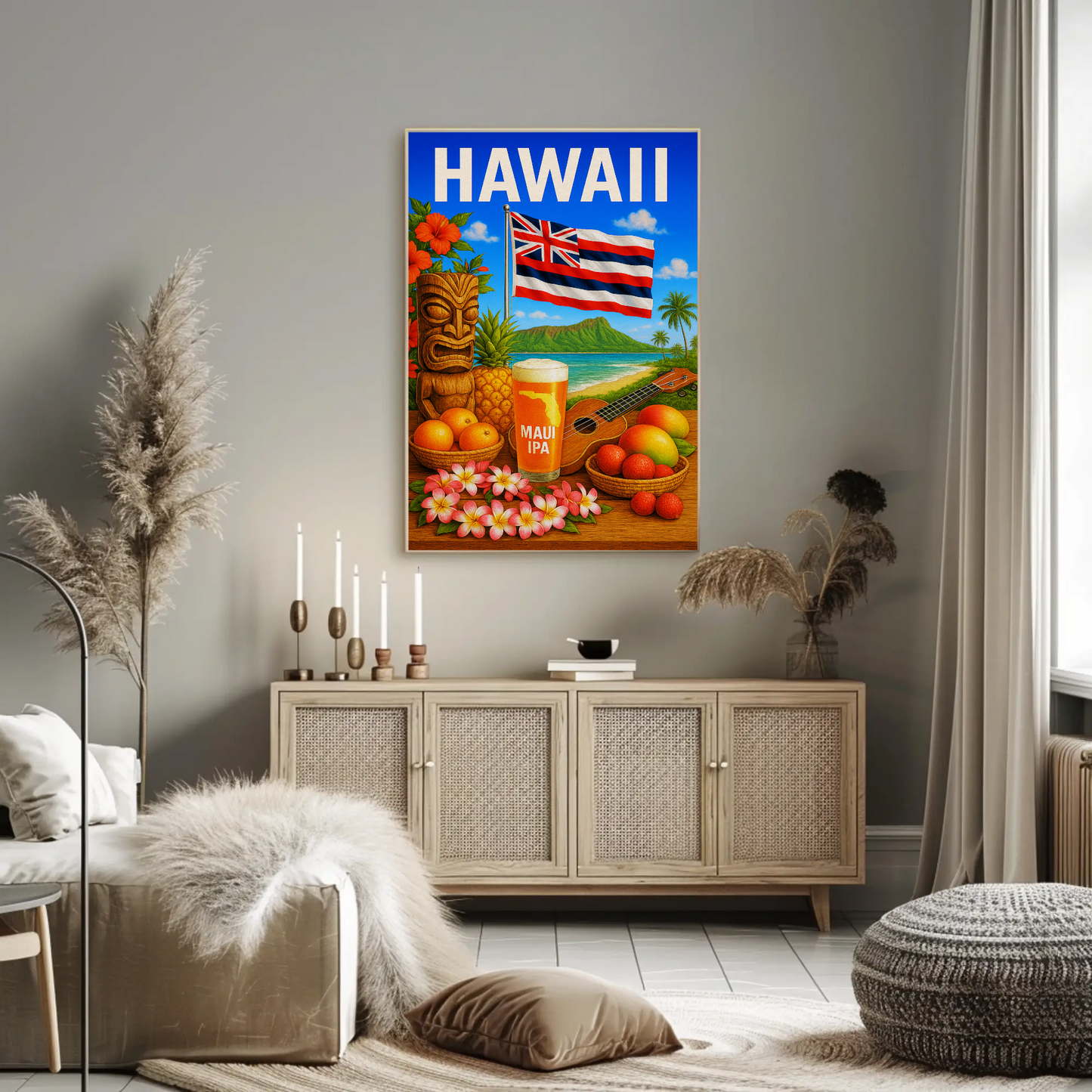 Hawaii Flag Fruits Tiki Beer Music Travel Poster
