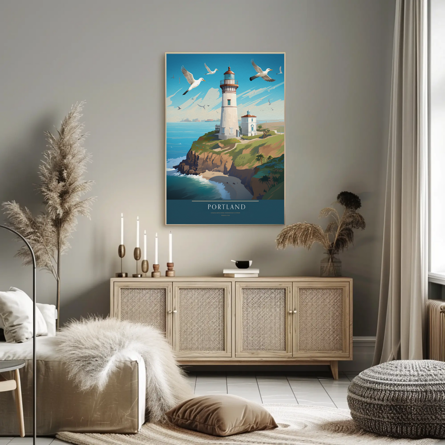 Portland Coastal Lighthouse and Seagulls Travel Poster
