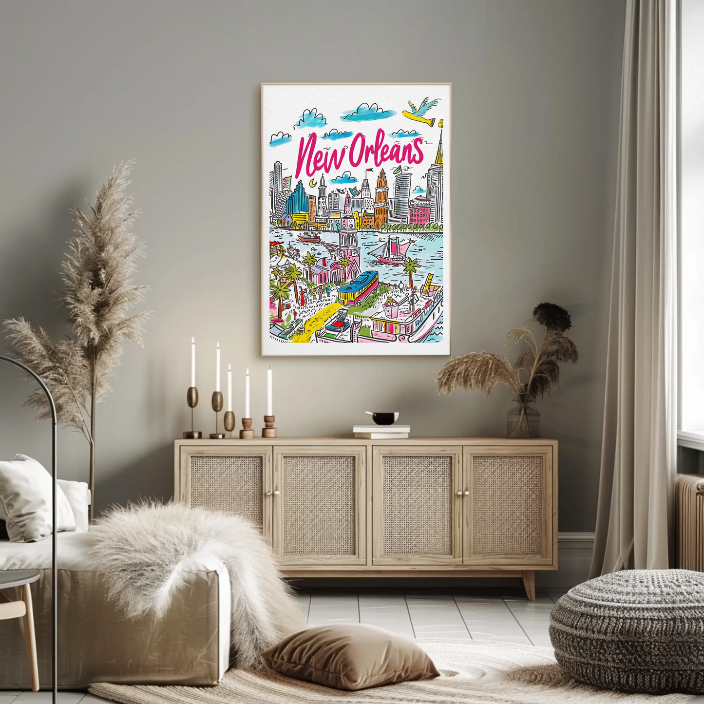 New Orleans Louisiana Colorful Riverside Cityscape Travel Poster