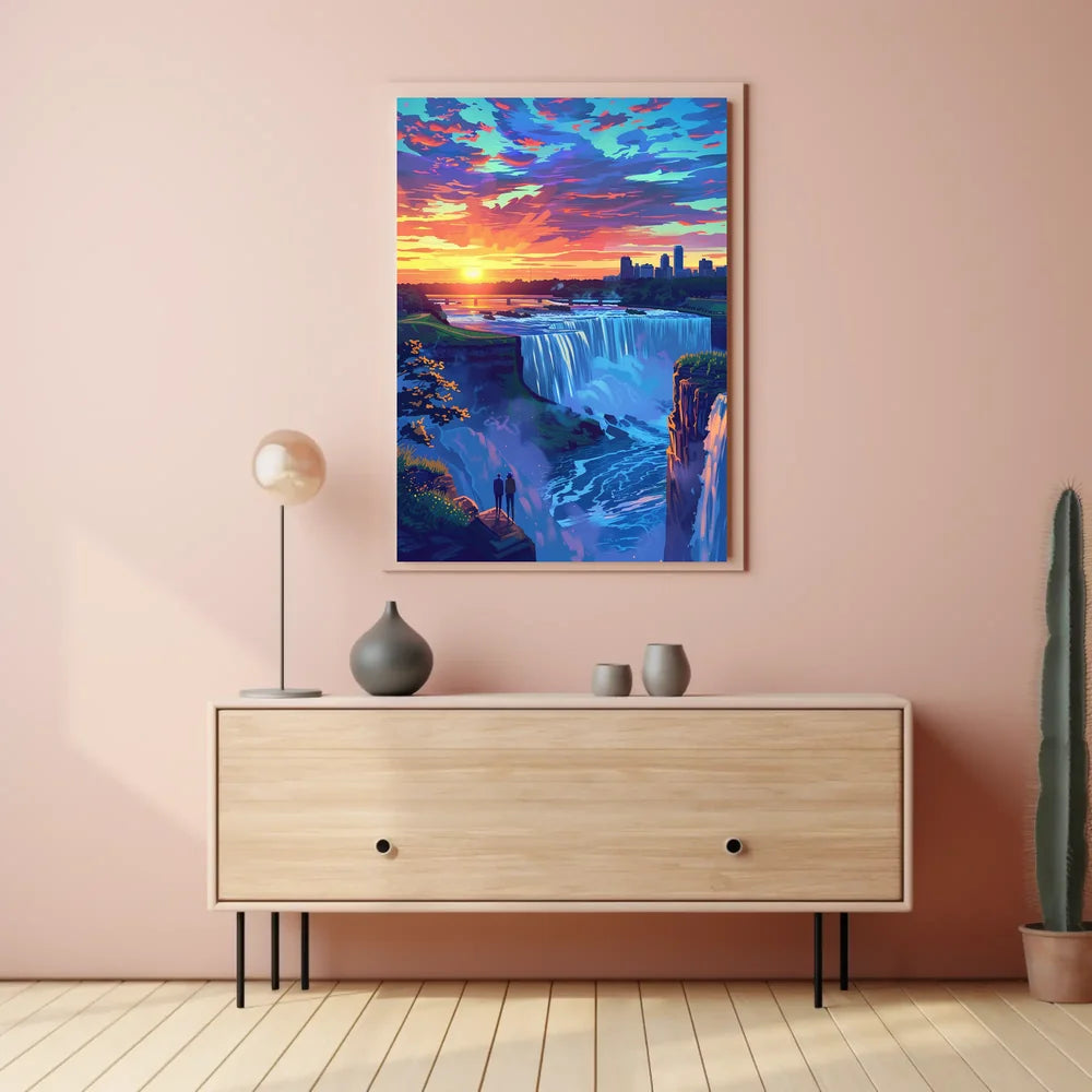 Majestic Waterfall Sunset with City Skyline Poster