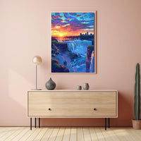 Majestic Waterfall Sunset with City Skyline Poster