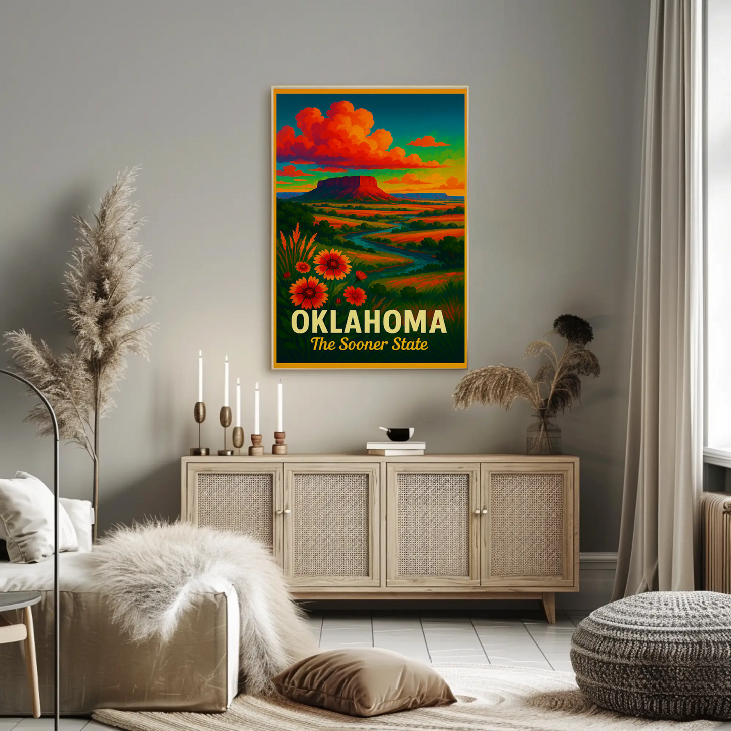 Oklahoma Sooner State Wildflowers Sunset Prairie Travel Poster