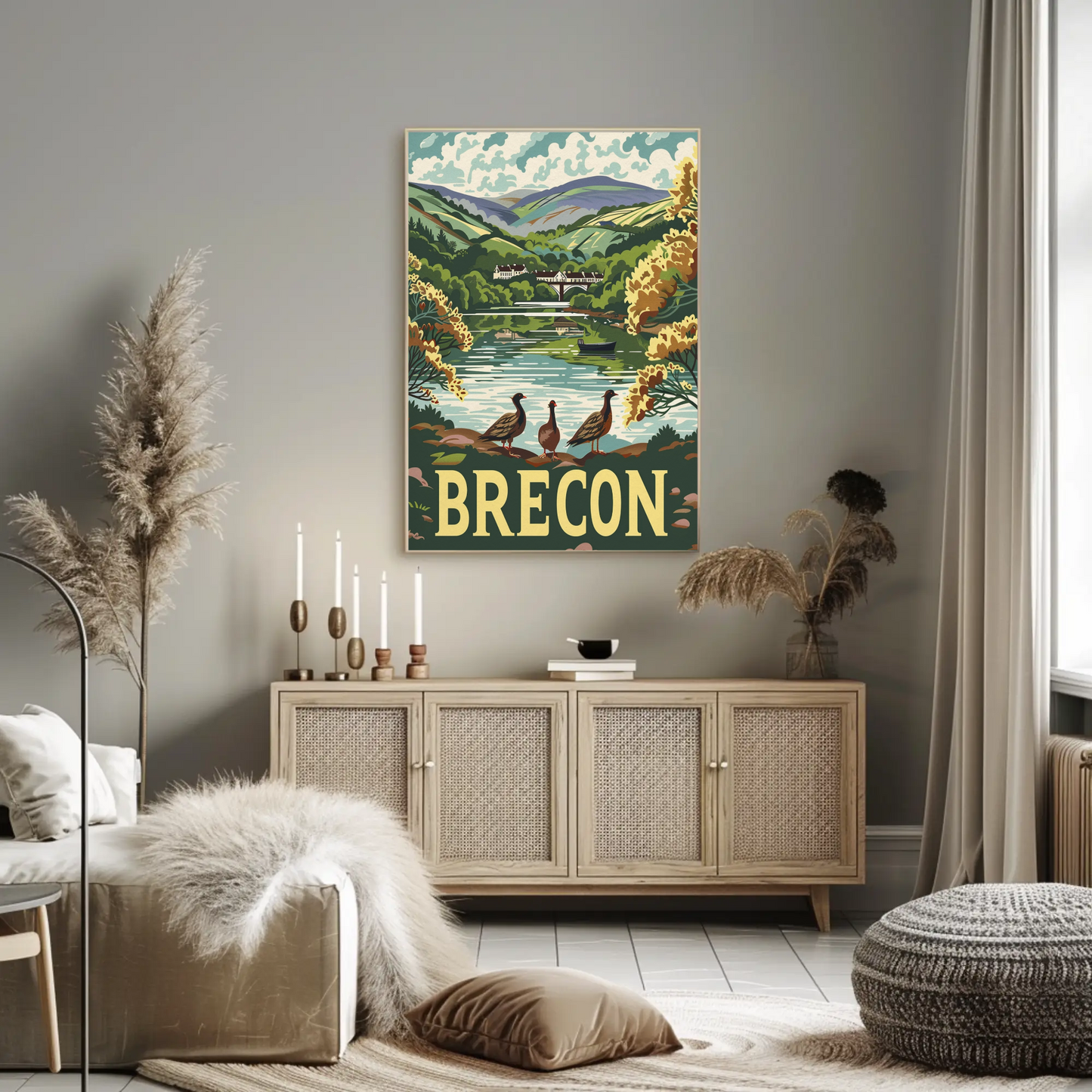 Brecon River Ducks Village Hillside Travel Poster