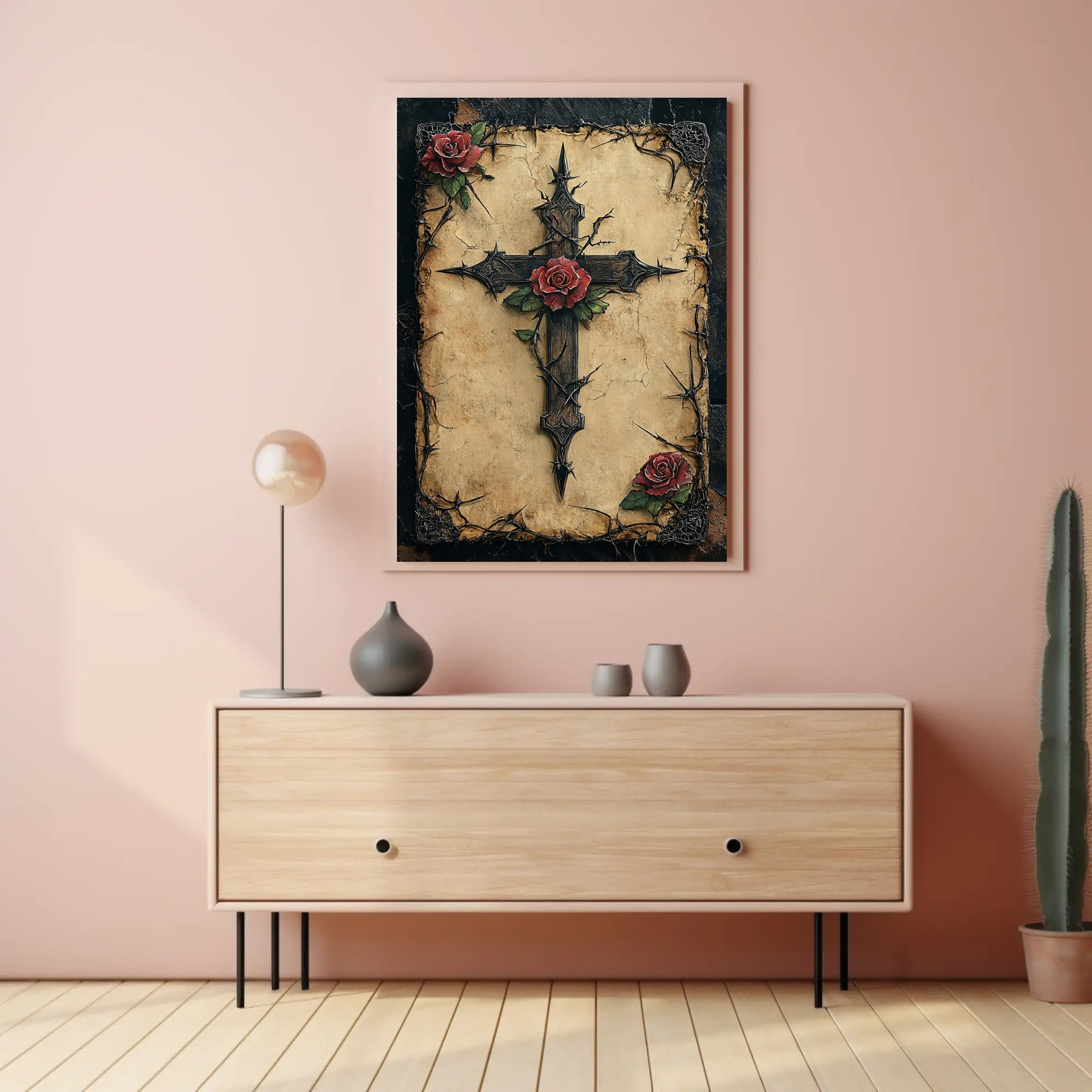 Thorned Cross And Roses Poster