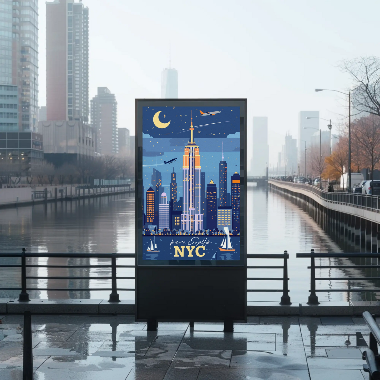 New York City Skyline at Night Vintage Poster