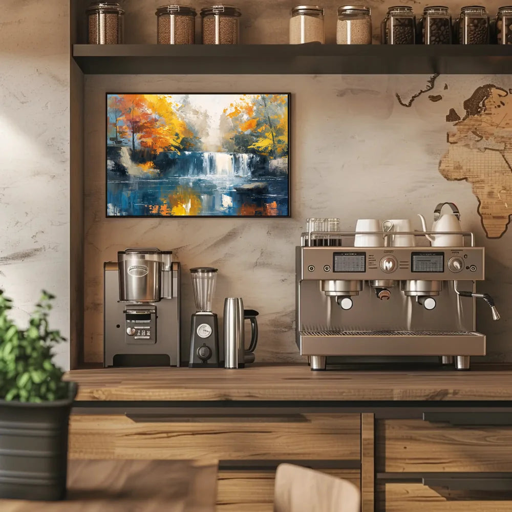 Serene Autumn Waterfall Impressionist Landscape Art Poster