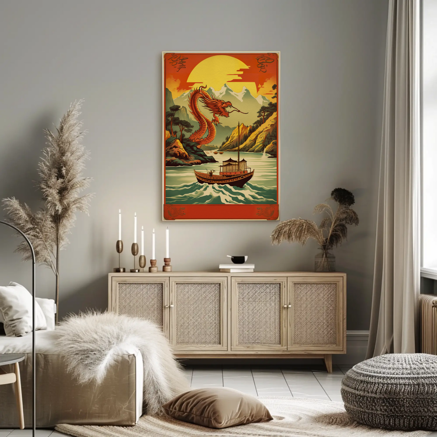 China Dragon River Boat Mountain Sunset Travel Poster