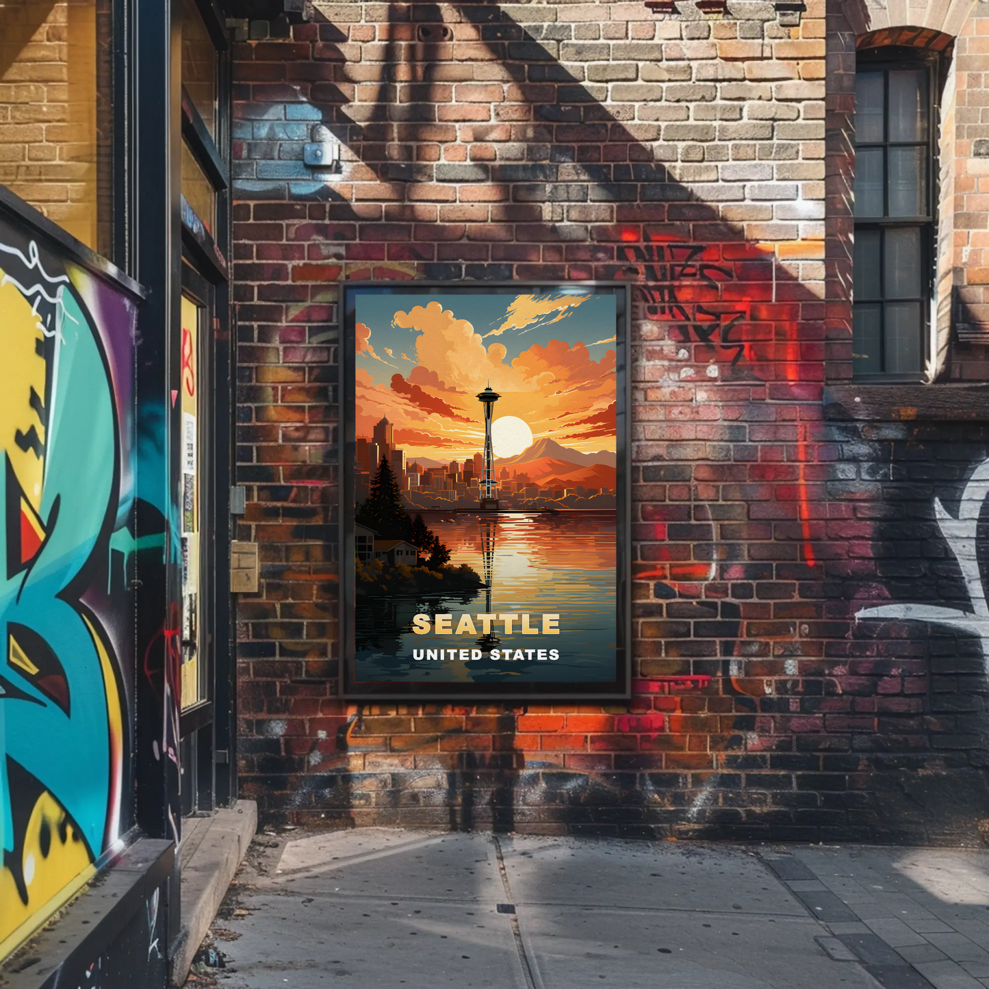 Seattle Washington Space Needle Sunset Vintage Travel Poster