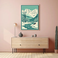 Winter Serenity: Majestic Snow-Covered Mountains and Tranquil River Poster
