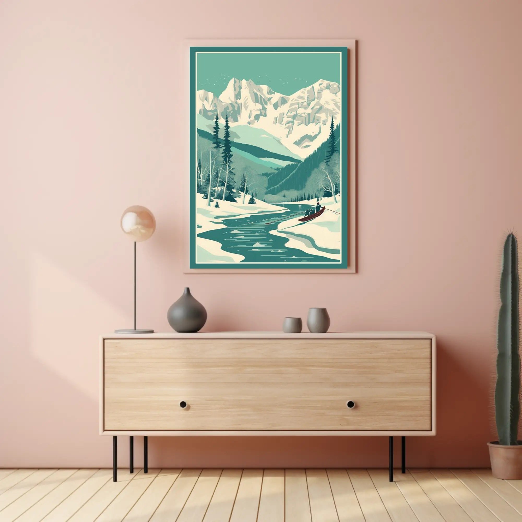 Winter Serenity: Majestic Snow-Covered Mountains and Tranquil River Poster
