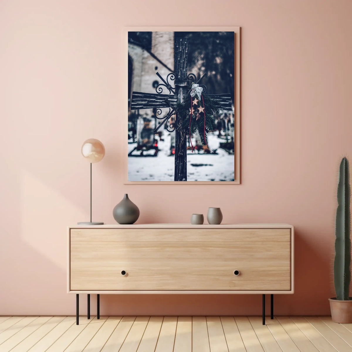 Winter Cemetery Scene with Wreath and Cross Poster