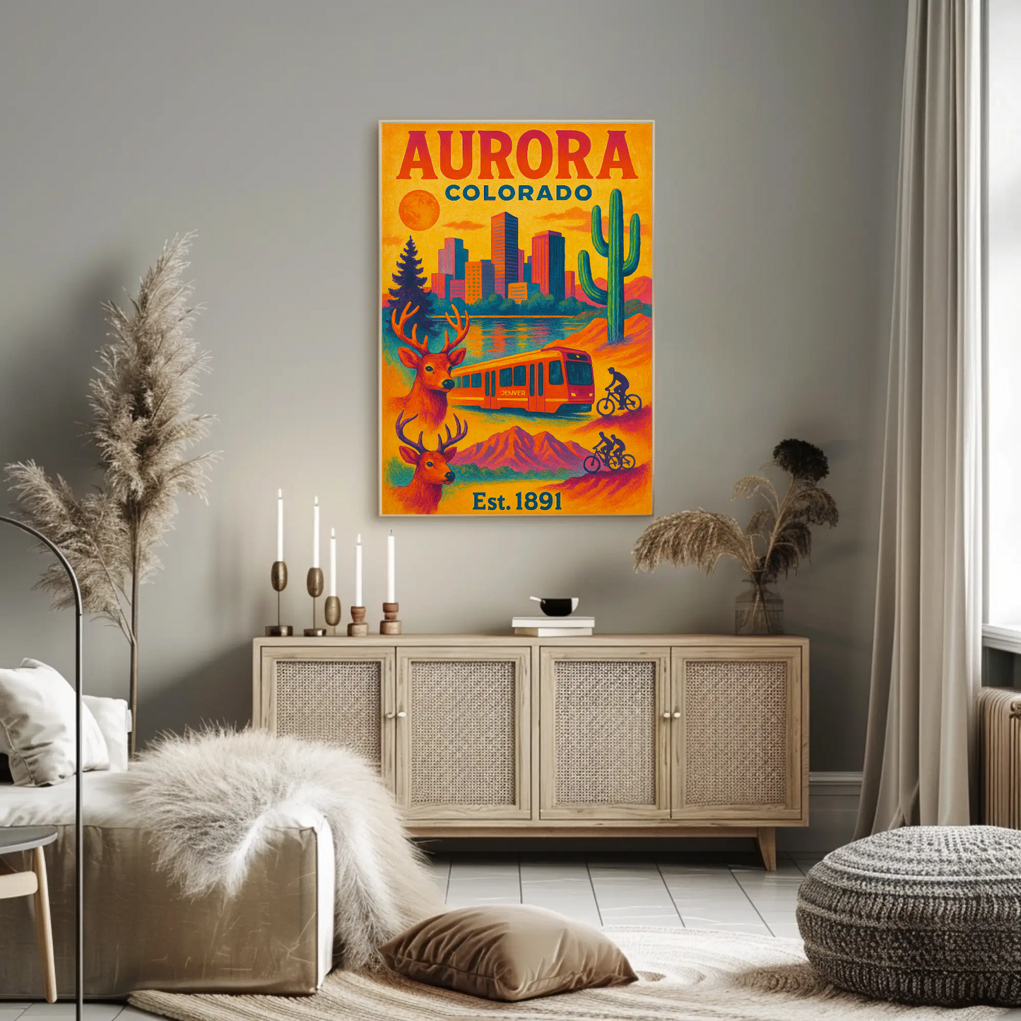 Aurora Colorado Mountains City Train Wildlife Cactus Travel Poster
