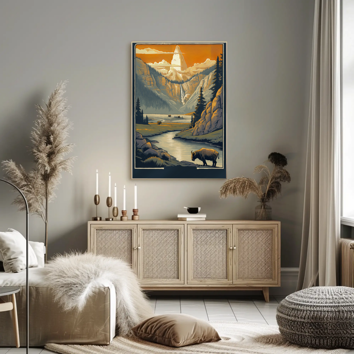 Mountain Valley Yellowstone Bison Scene Travel Poster
