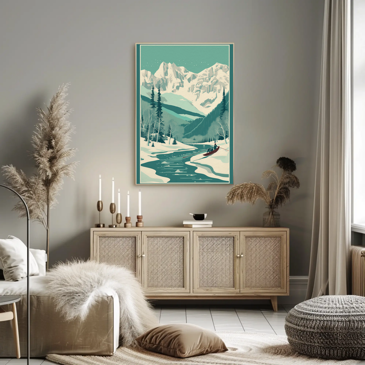 Snowy Alpine Mountain Rowboat Scene Travel Poster