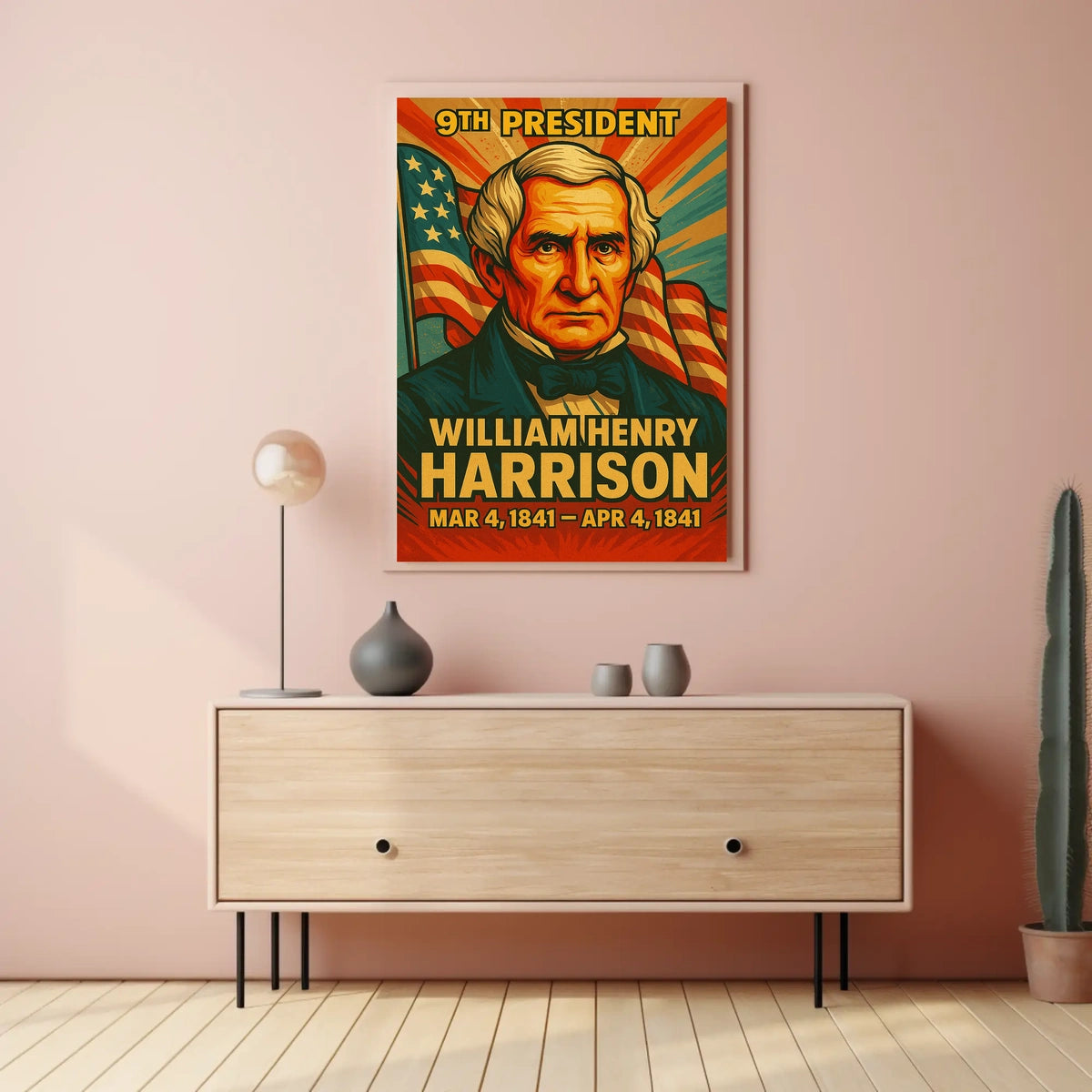 William Henry Harrison 9th President of the United States Colorful Comic Book Style Poster