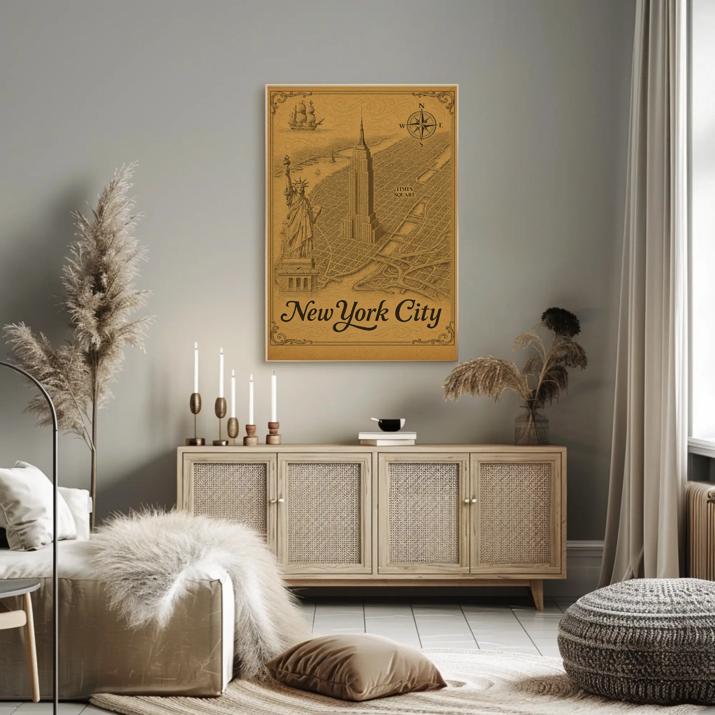 New York City Empire State Building Times Square Map Travel Poster