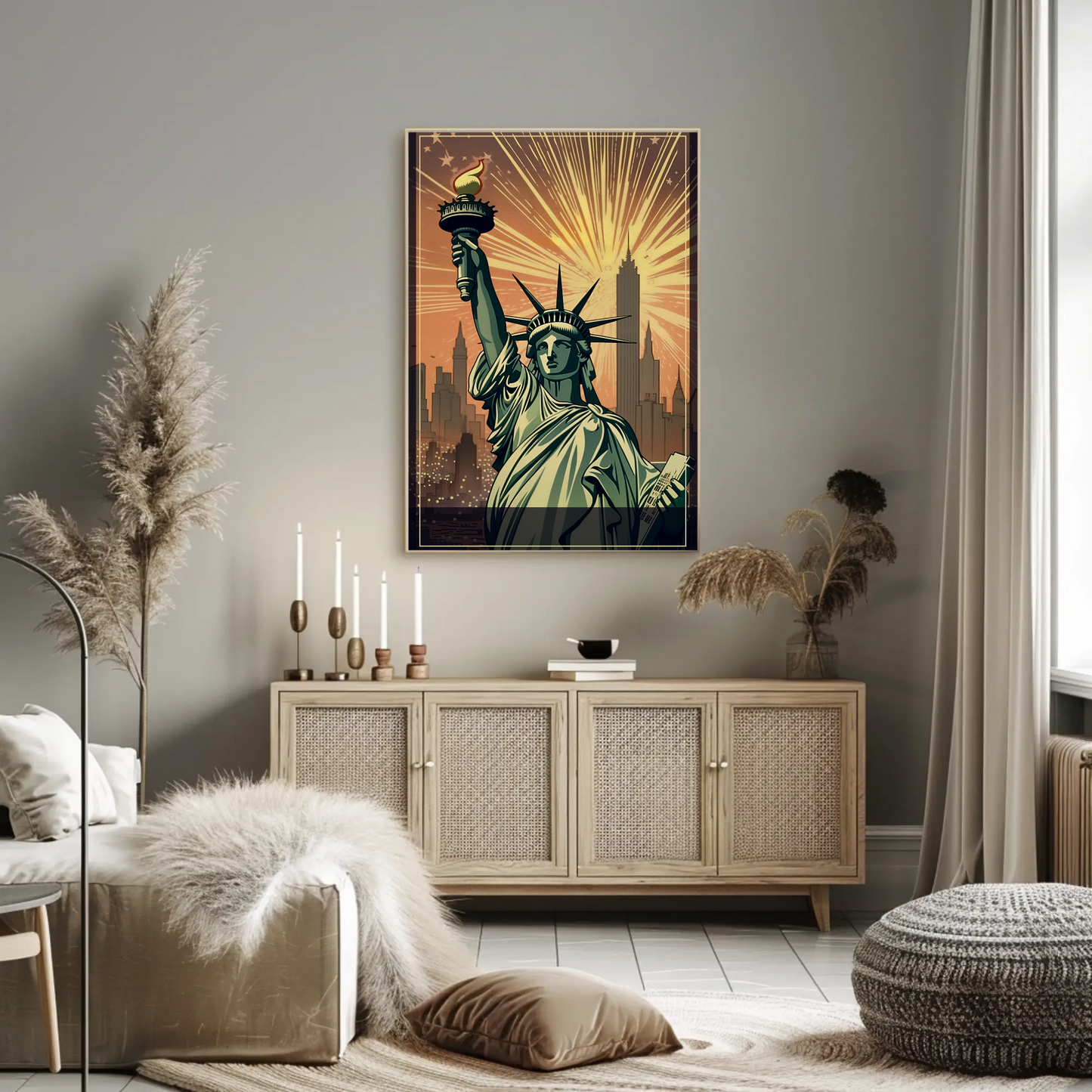Statue Of Liberty Fireworks Skyline Travel Poster