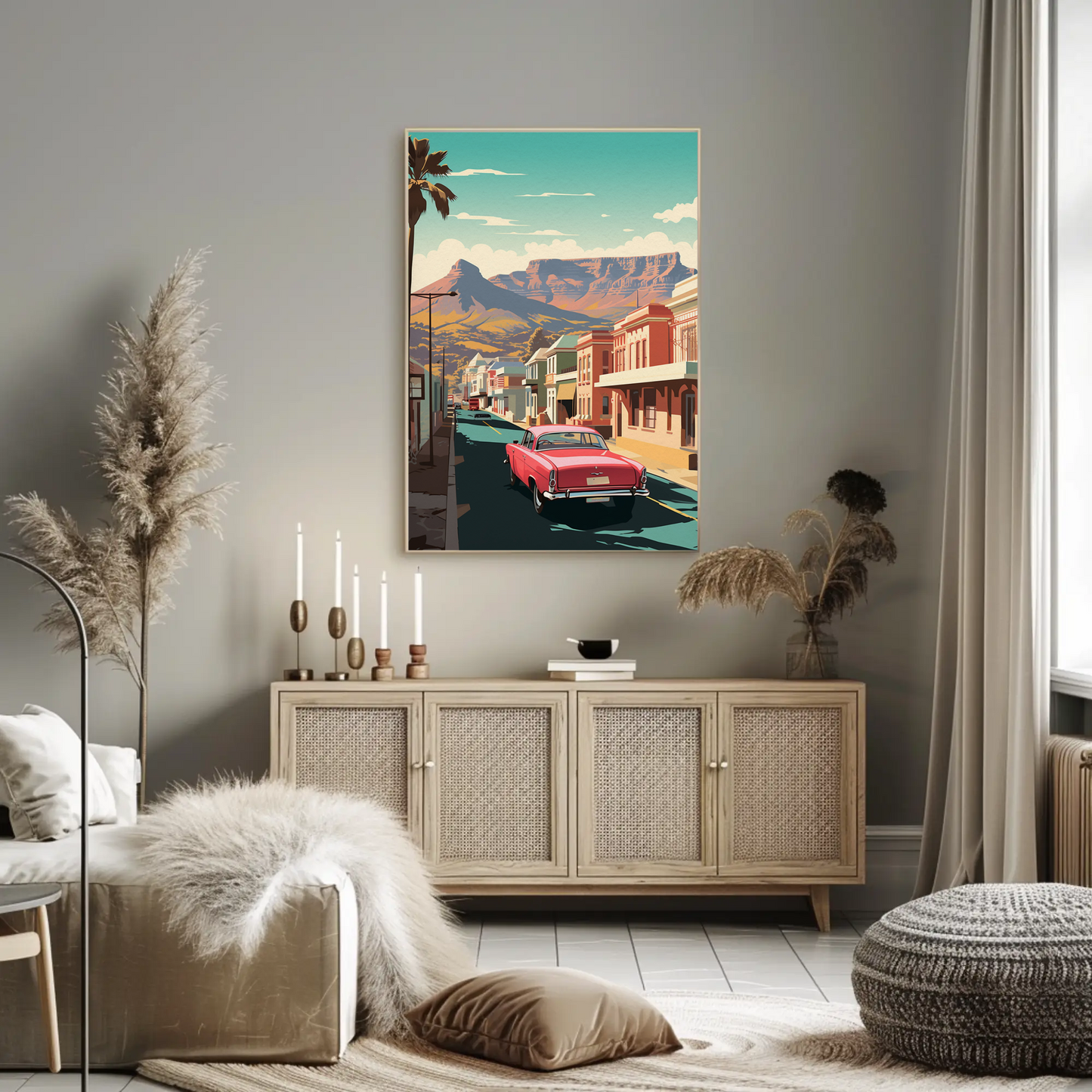 Cape Town Retro Car Colorful Buildings Scenic Travel Poster