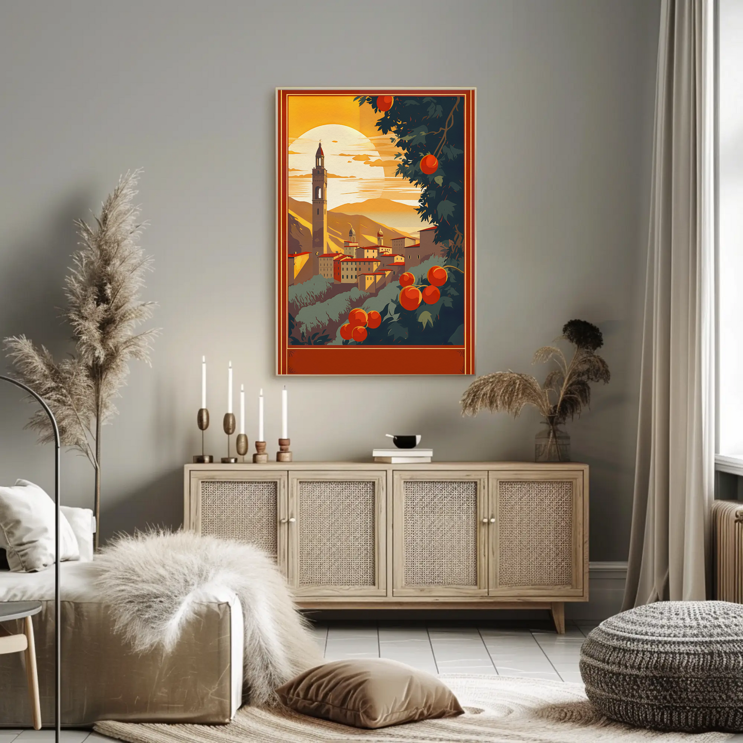 Italian Hilltown Sunset With Tower Travel Poster