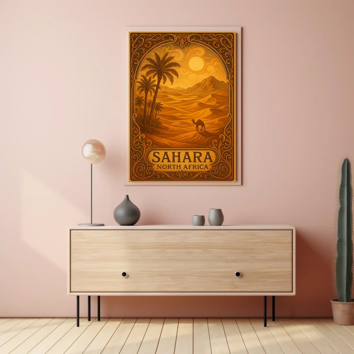 Sahara Sunset Vintage Travel Desert Camel Journey Art Deco Retro Eighties Poster