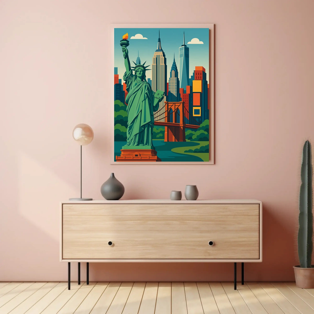 New York City Skyline Liberty Poster Retro Wall Art