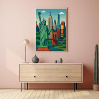 New York City Skyline Liberty Poster Retro Wall Art