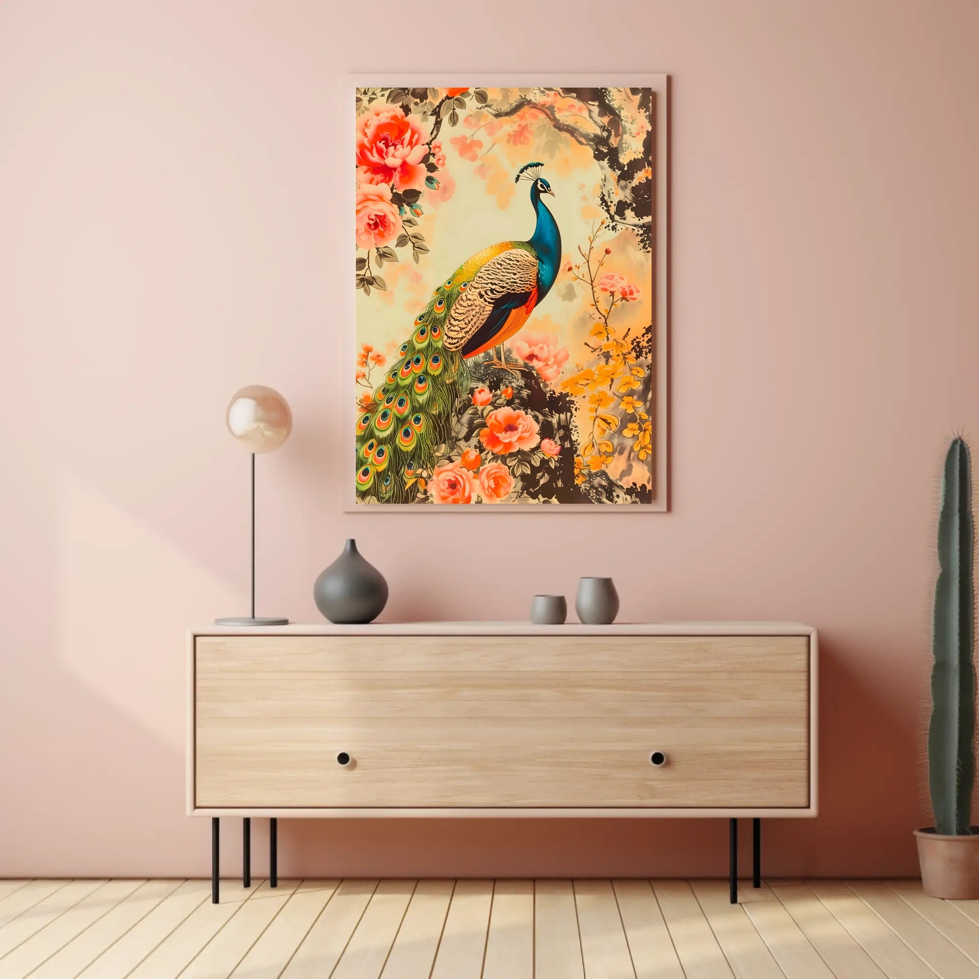Peacock in Floral Splendor: Artistic Poster