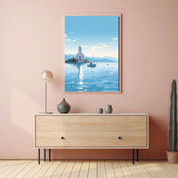 Serene Greek Coastal Church Travel Poster