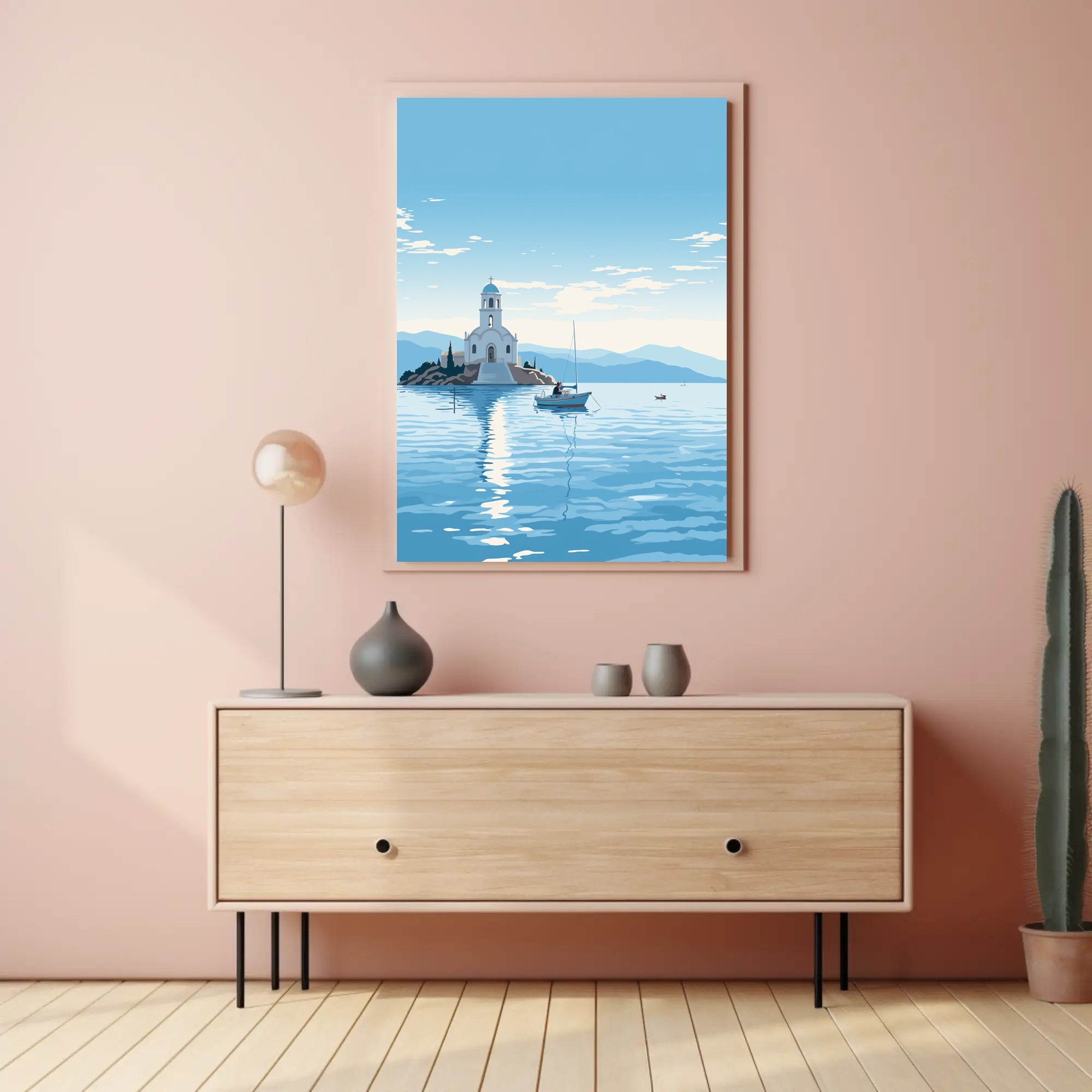 Serene Greek Coastal Church Travel Poster