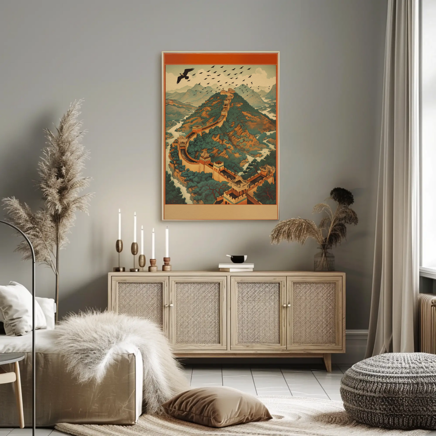 Great Wall Soaring Eagle Over Mountains Travel Poster