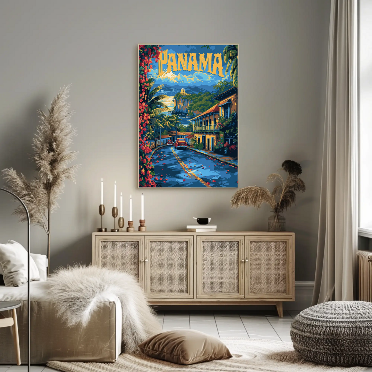 Panama Coastal Cliffs Village Retro Street View Travel Poster
