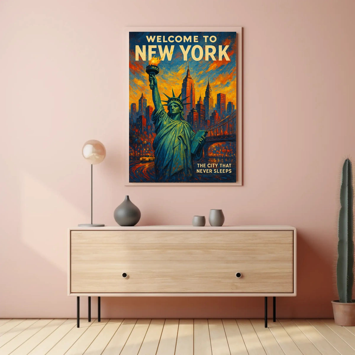 New York Skyline Sunset Art Poster Vintage Wall Art
