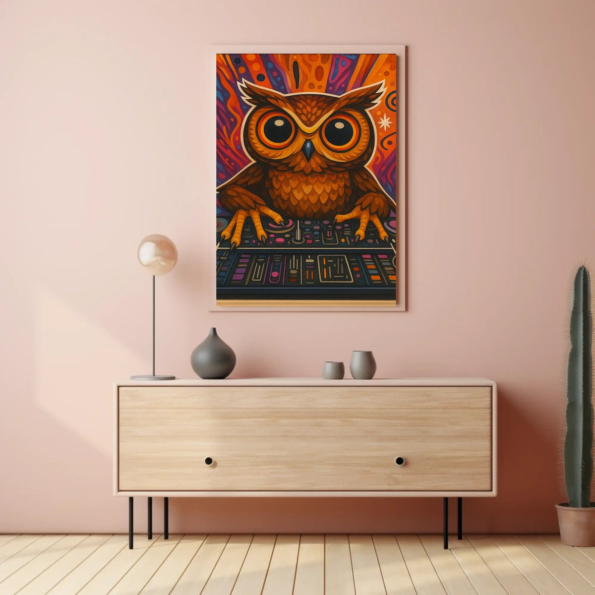 Stylized Owl DJing at Console Abstract Pop Culture Poster